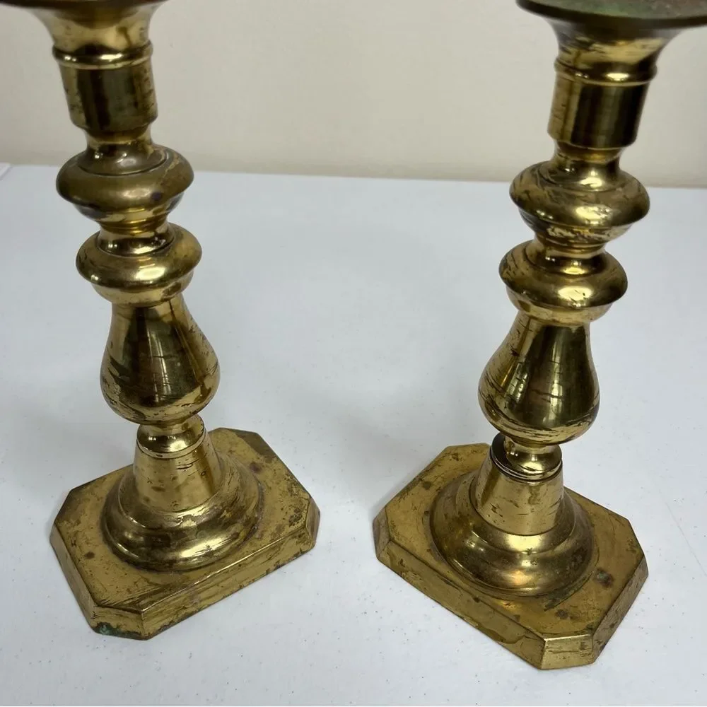 Vintage Pair Brass Candlestick Holders Heavy Patina Set 2 Approx 8.5 Inch Tall